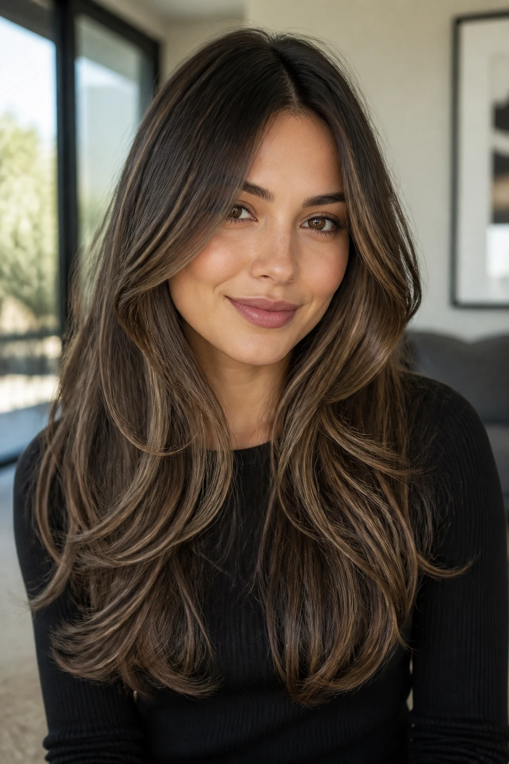 Close-up of a woman with U-shaped layers and mushroom-brown babylights