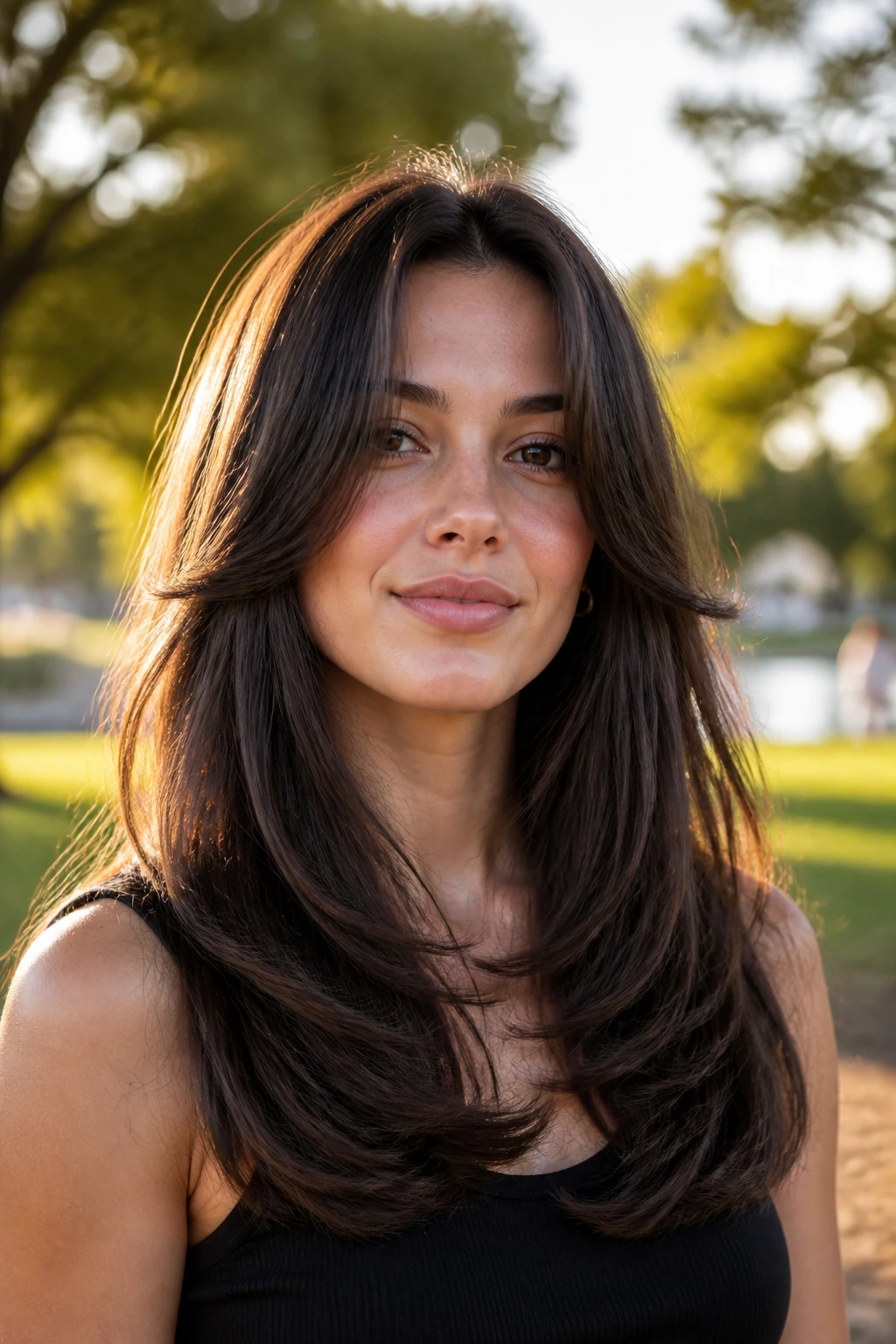 Close-up of a real woman with U-shaped layered hair and plush ends.