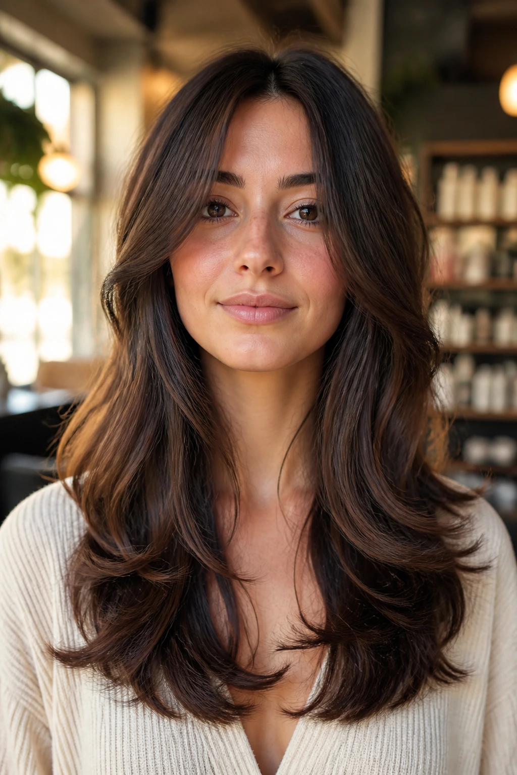 Close-up of a real woman with U-Shaped Long Layers in a sunlit salon