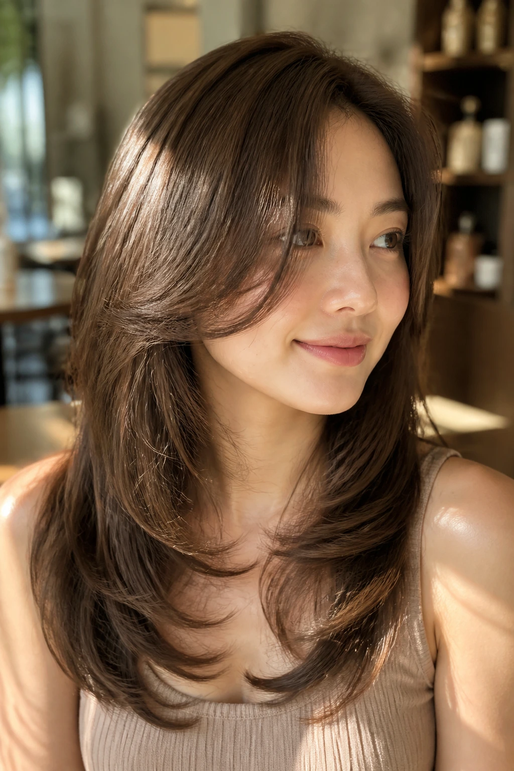 Portrait of a real woman with U-shaped layers and soft front pieces.