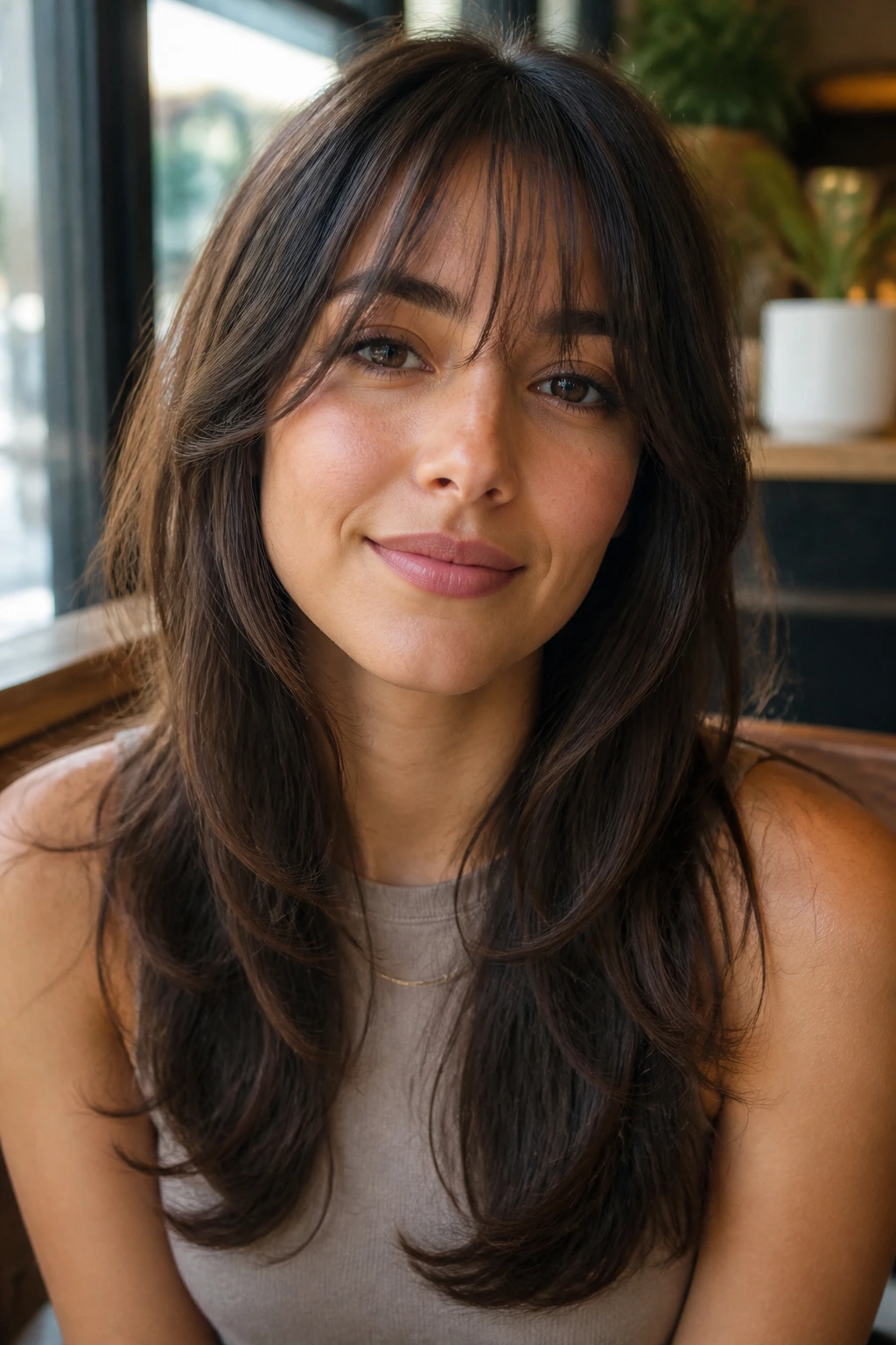 Close-up of a woman with U-shaped layers and wispy bangs.