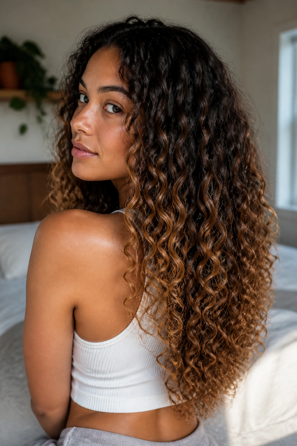 Close-up portrait of a real person with a U-shaped length and balayage ends.