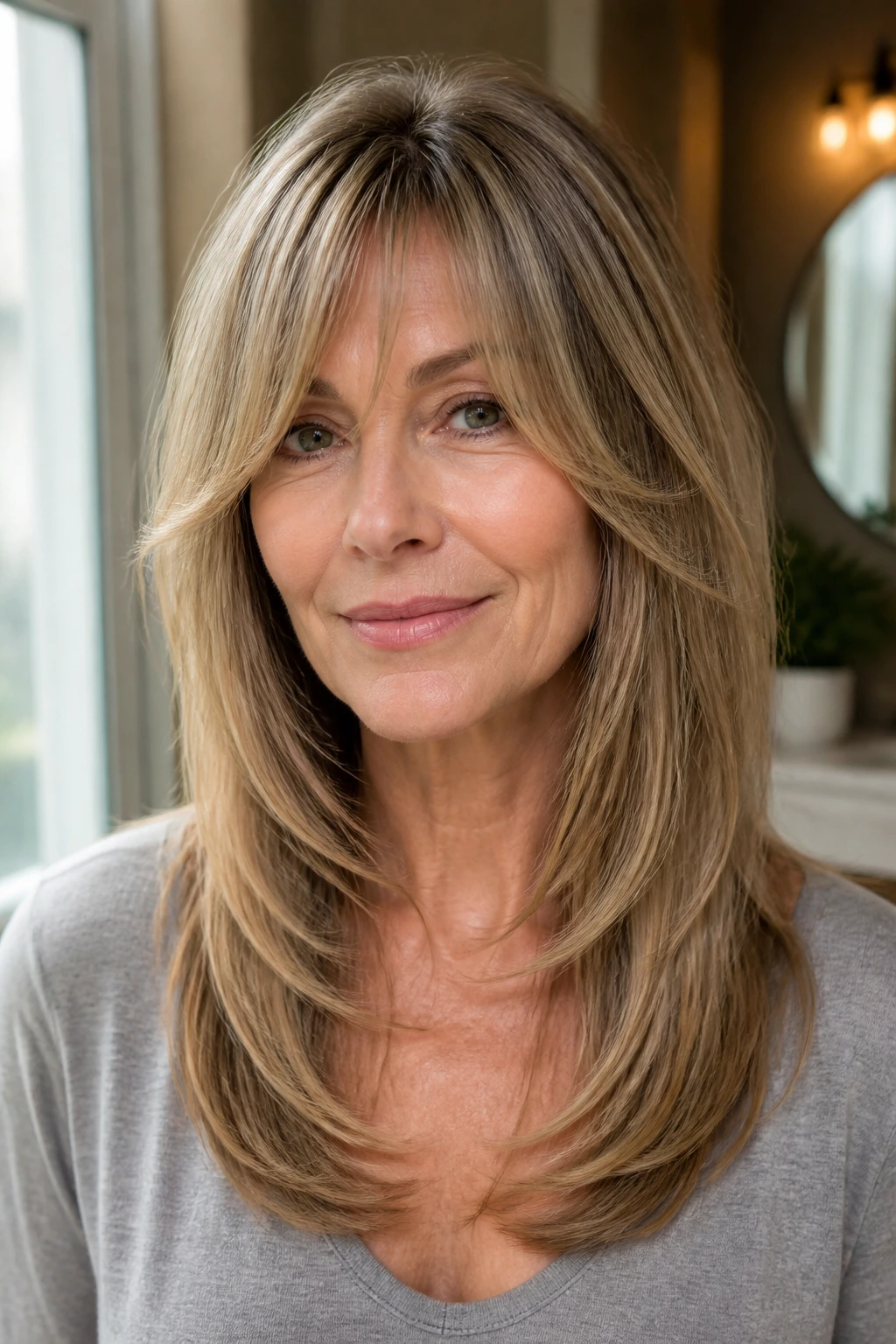 Woman with a U-shaped length haircut and cheekbone bangs.