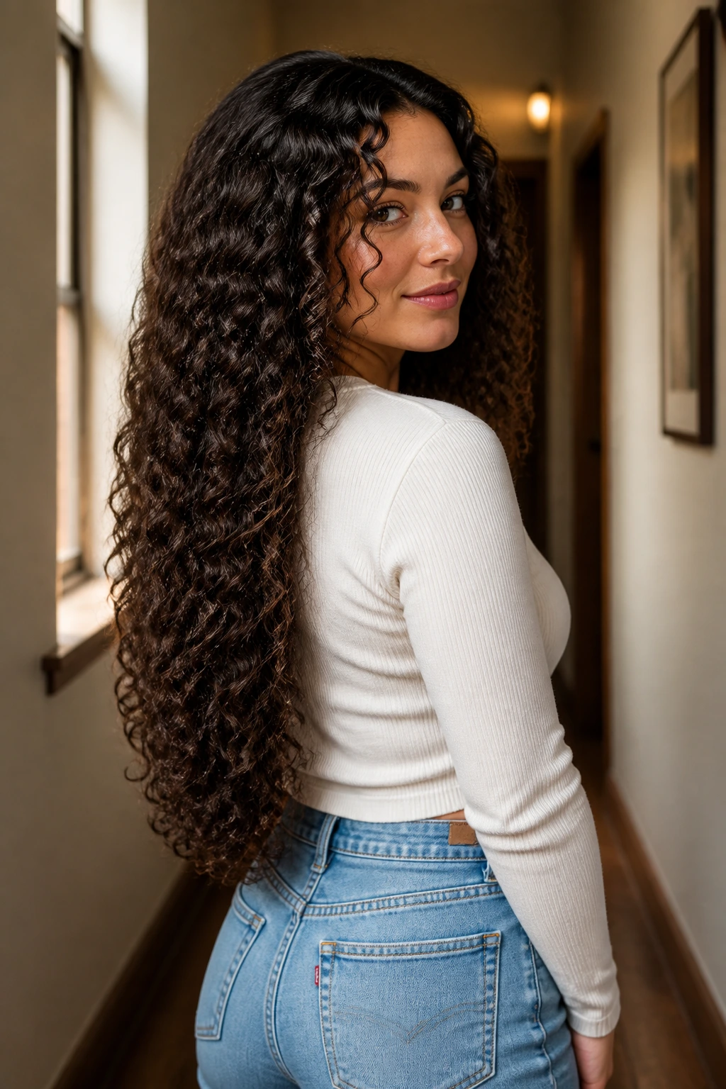 Portrait of a real person with a U-shaped length cut in long curly hair