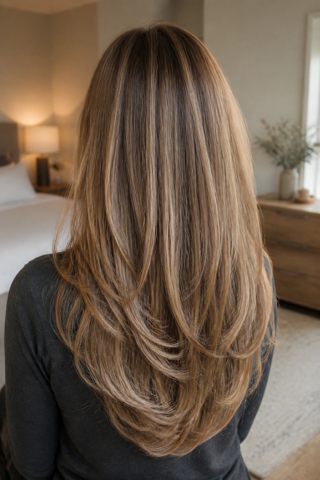 Back view of long hair with U-shaped length and soft ends on a real woman.