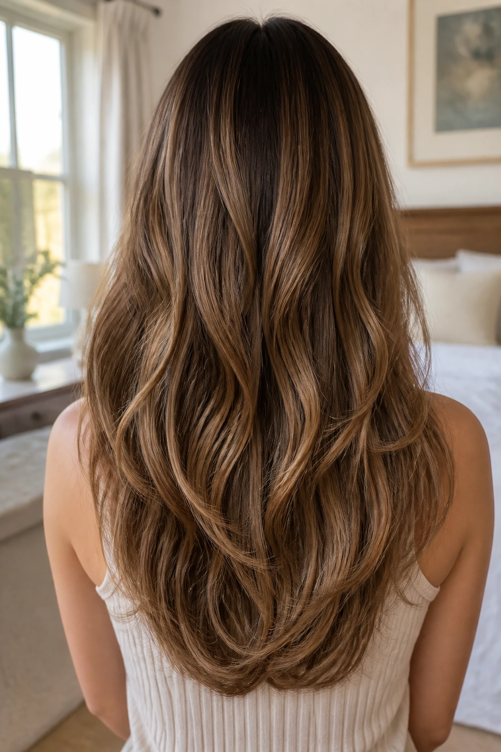 Back-of-head portrait showing U-shaped length with soft ends in long wavy hair