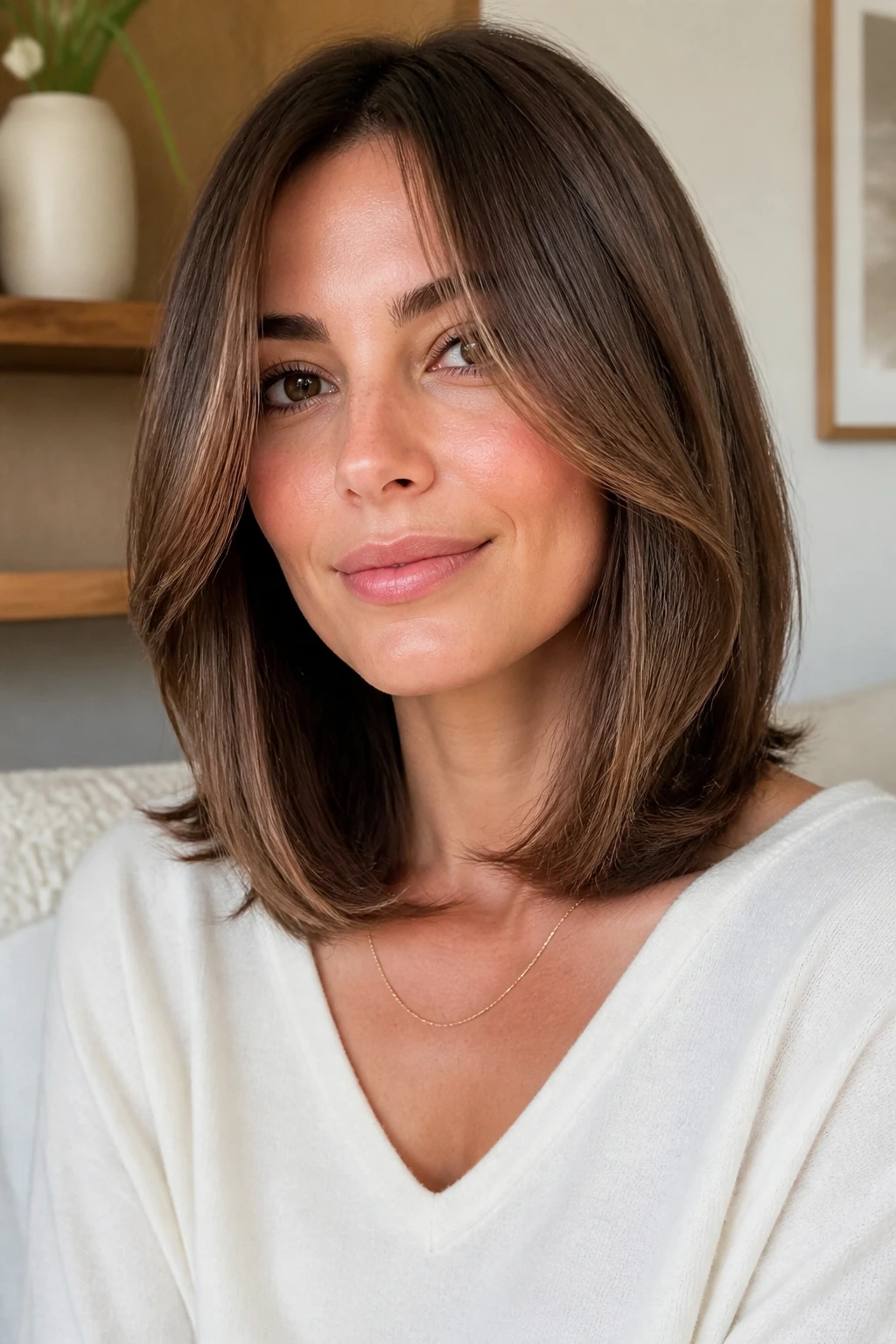 Portrait of a real woman with a U-shaped lob and soft center drop.