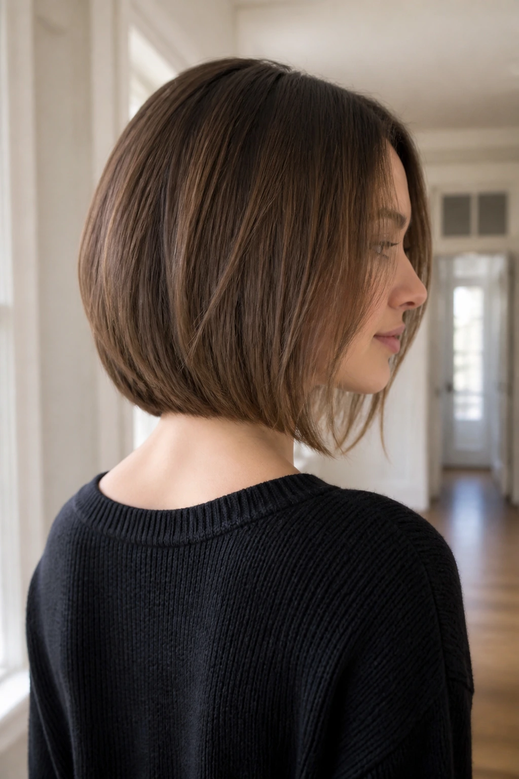 Three-quarter rear view of a real woman with a U-shaped lob showing dense back