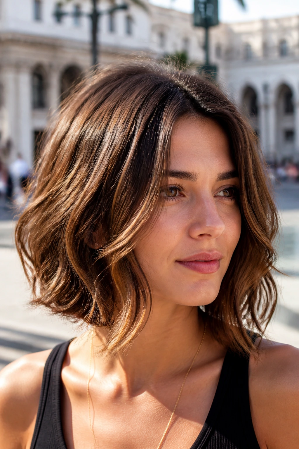 Portrait of a real woman with a U-shaped lob and long face-framing pieces