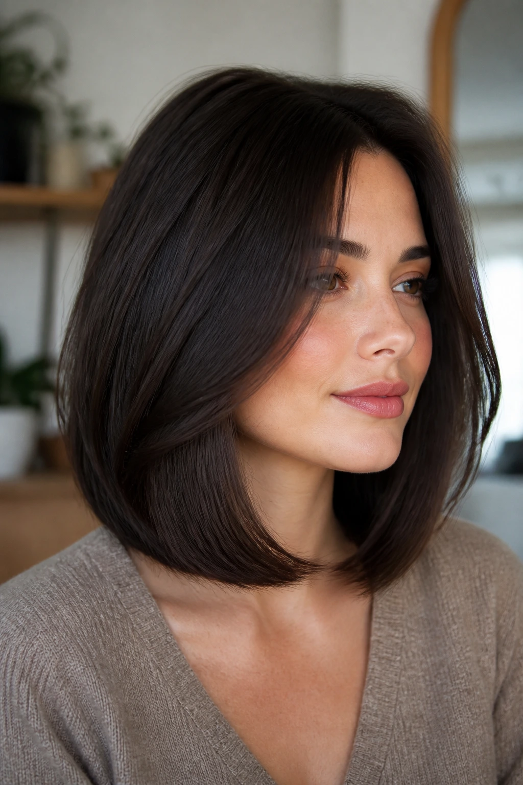 Real person wearing a U-shaped lob with longer front around the face, soft framing.