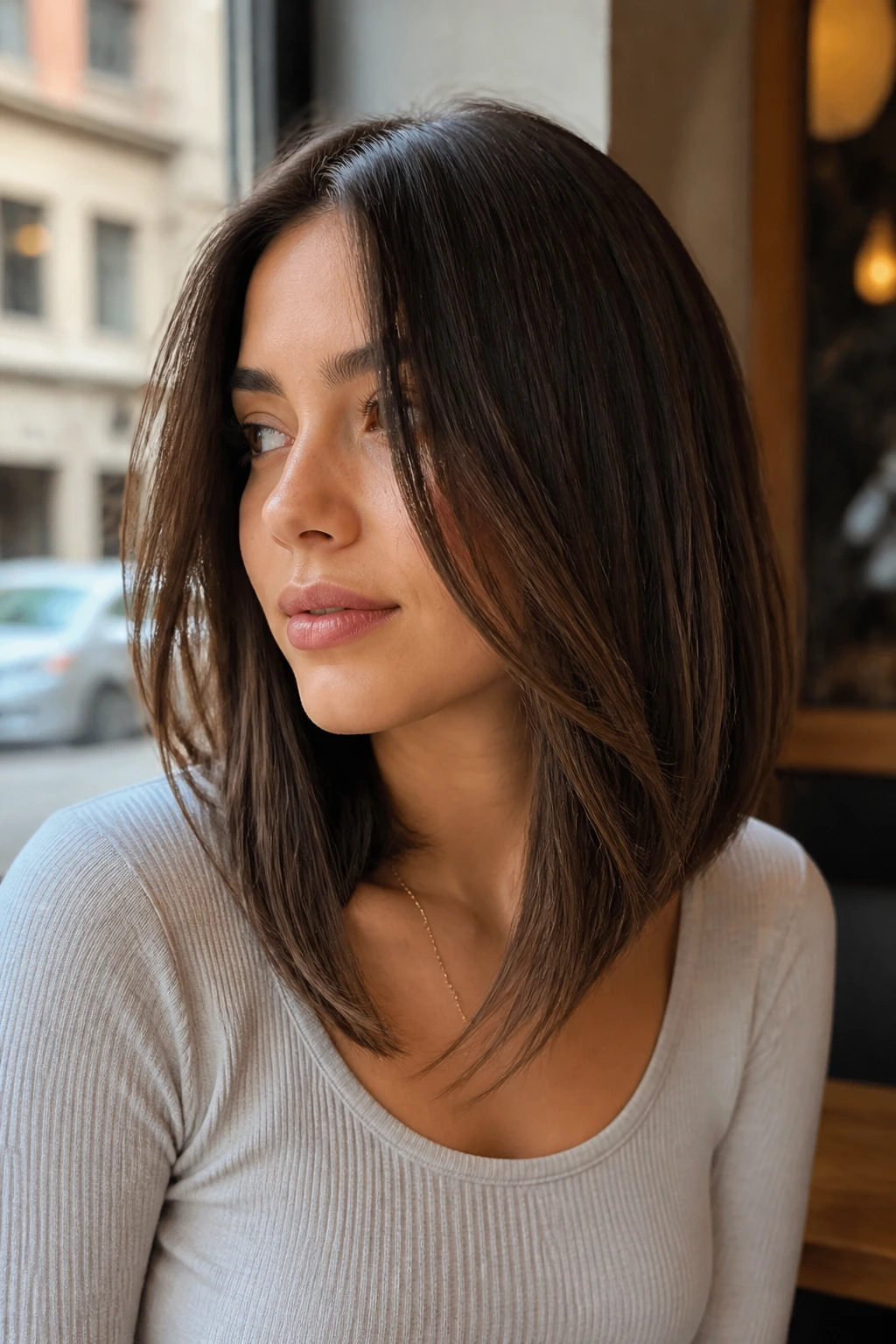 Close-up of a real woman with a U-shaped lob and long front pieces in daylight