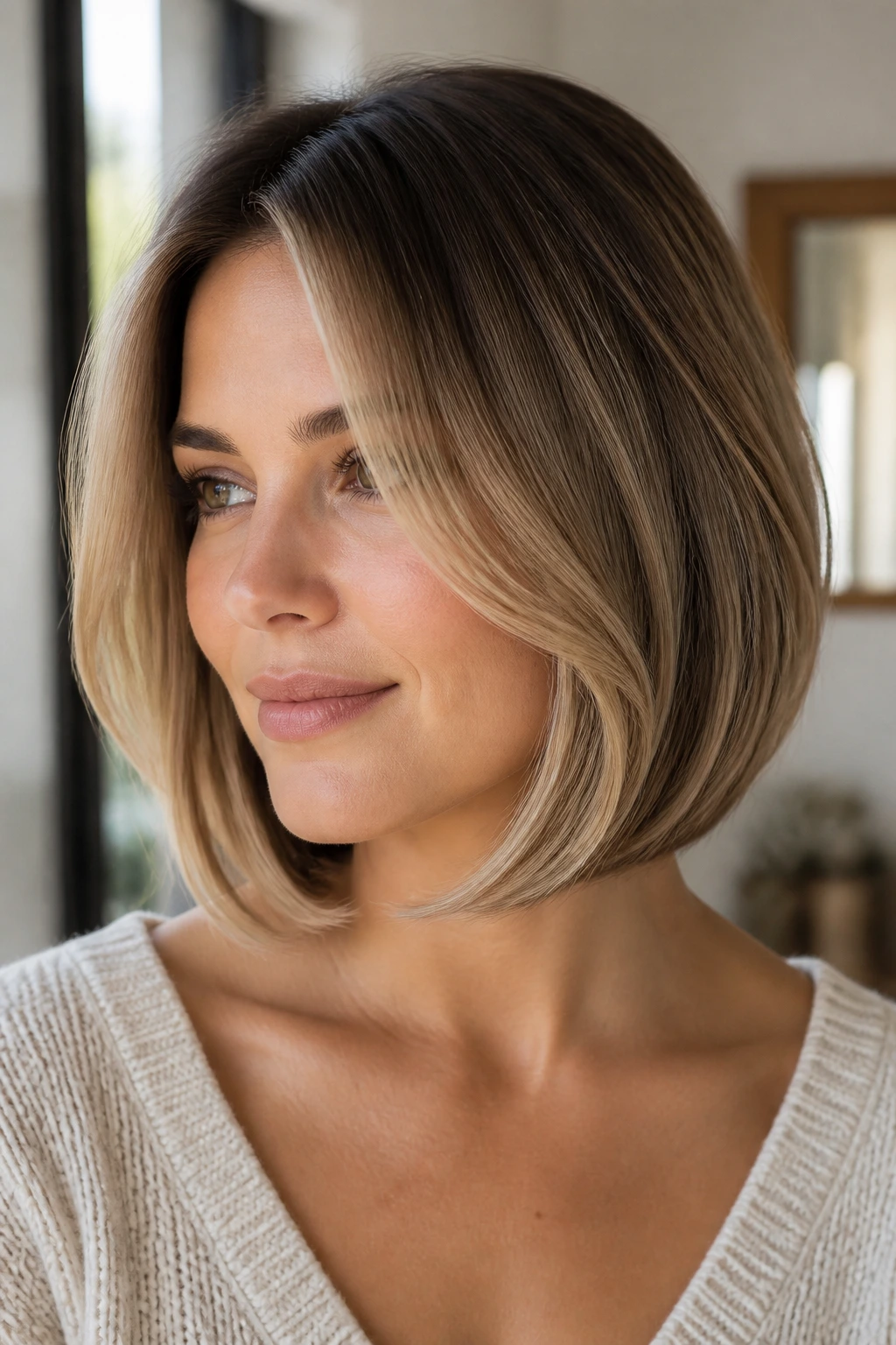 Close-up of a real woman with a U-shaped lob and soft face frame in natural light