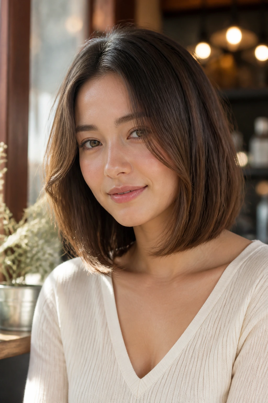 Portrait of a woman with a U-shaped lob and soft front drop in sunlit cafe