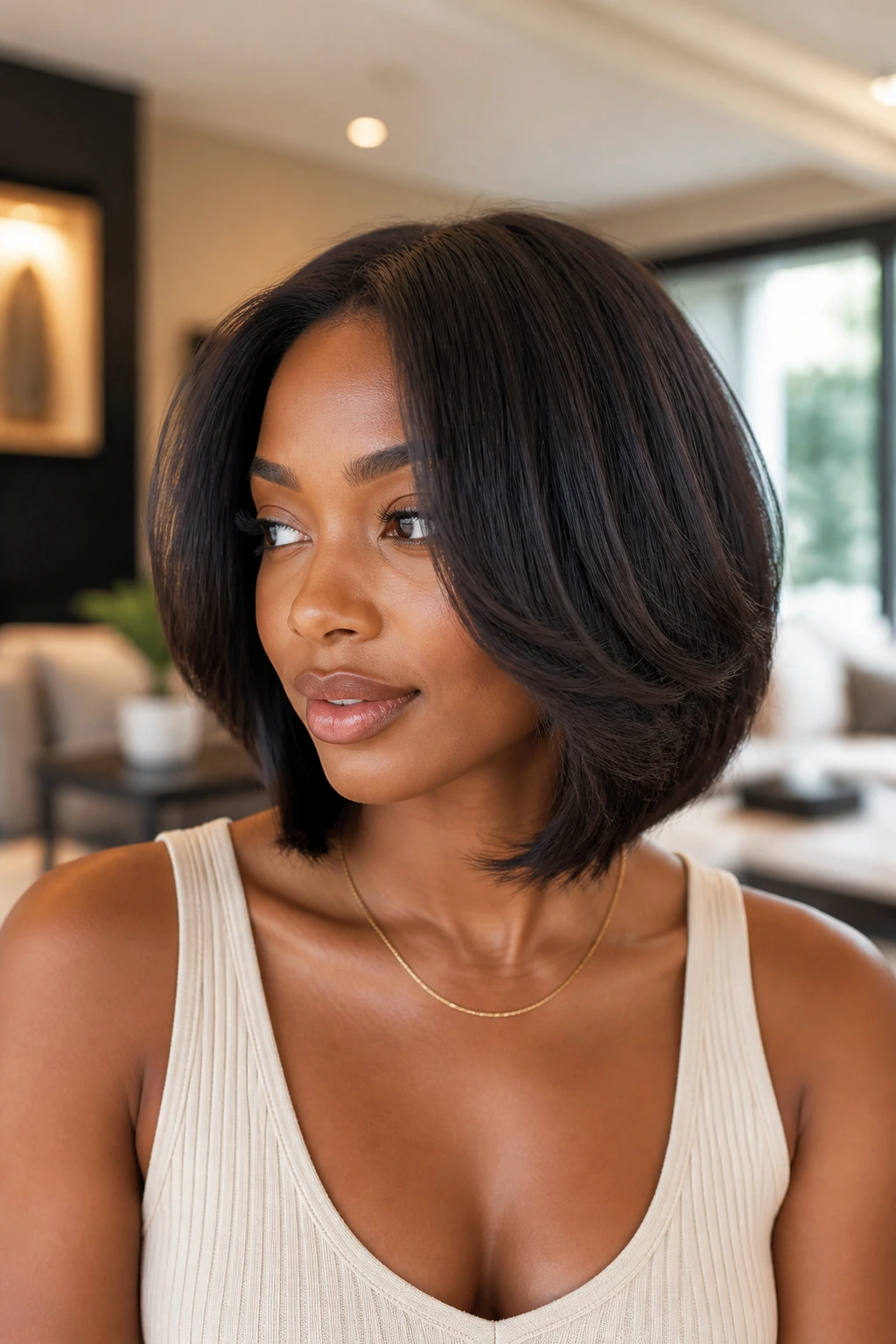 Close-up of a real Black woman with a U-shaped lob and soft layers