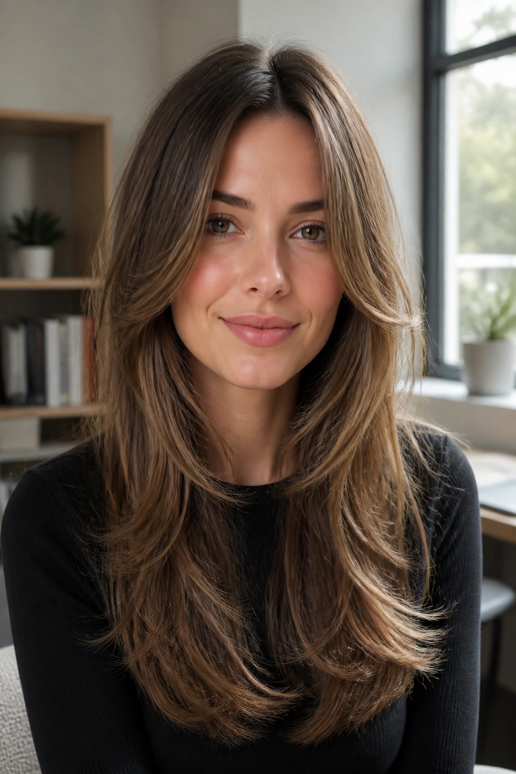 Close-up of U-shaped long cut with face-framing layers on a real woman