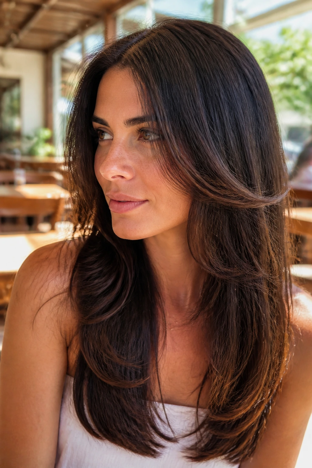Portrait of a real woman with a U-shaped long cut and face-framing pieces.