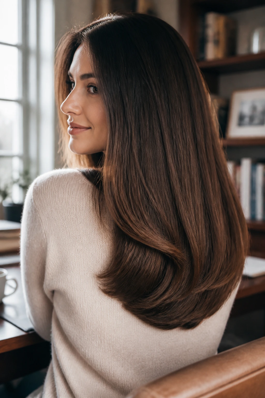Woman with U-shaped long cut showing curved silhouette