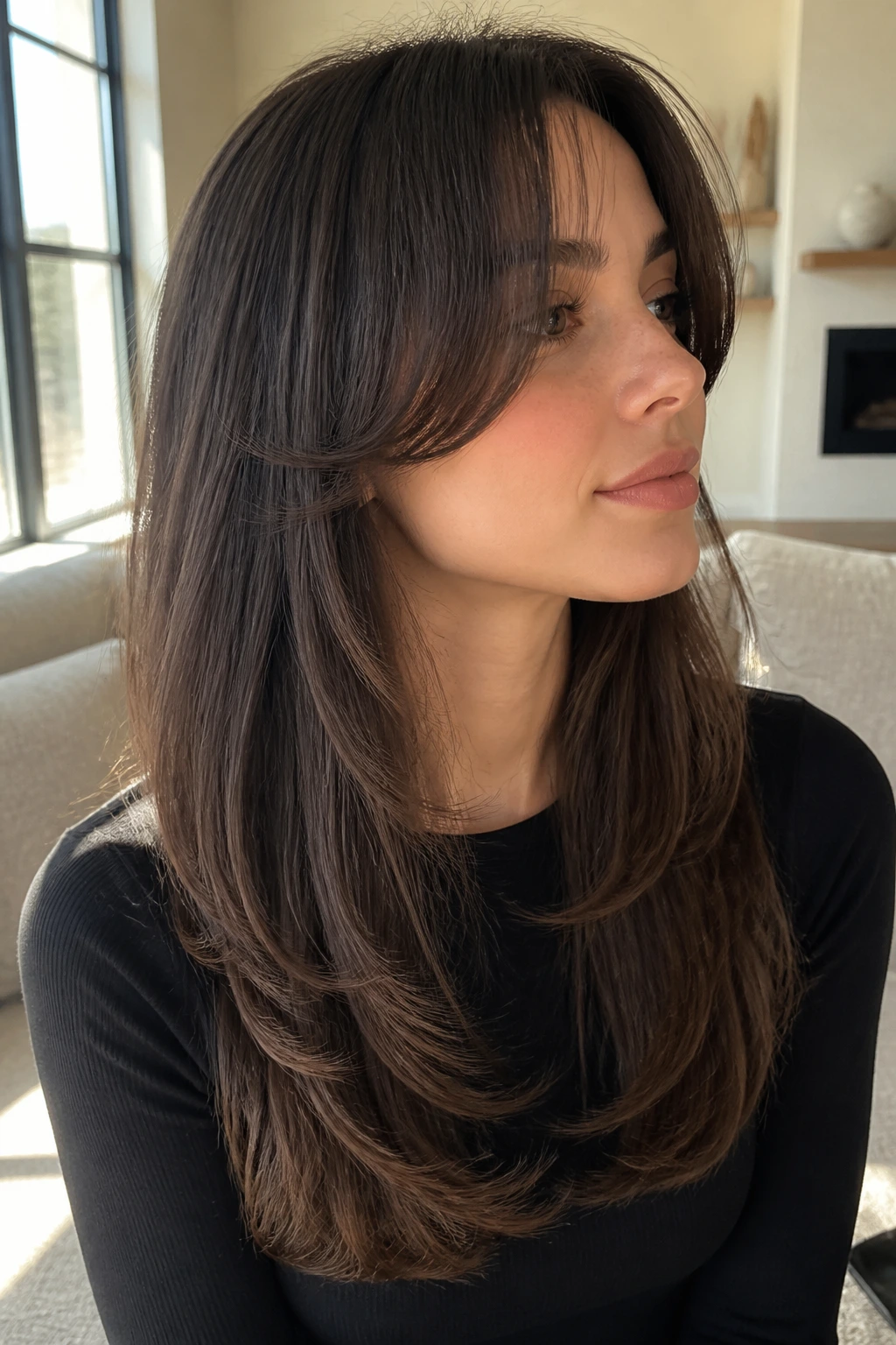 Close-up of a real woman with U-shaped long cut and soft curtain pieces in sunlight