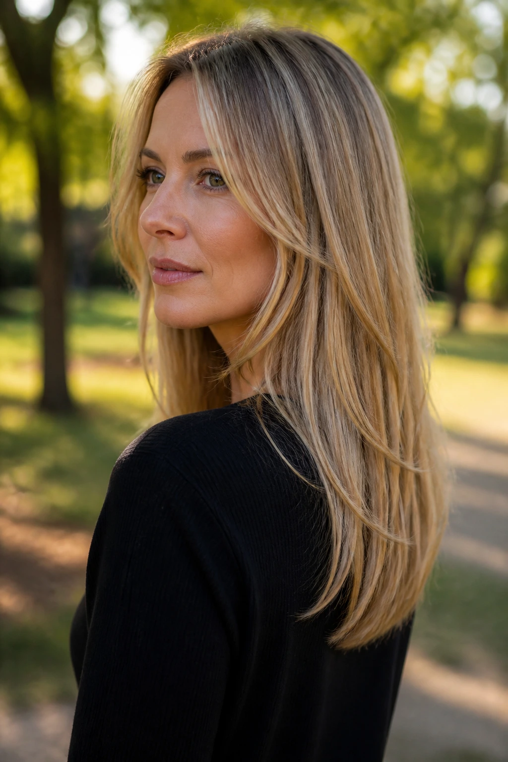 Portrait of a woman with a long U-shaped cut and subtle face frame in a park at golden hour.