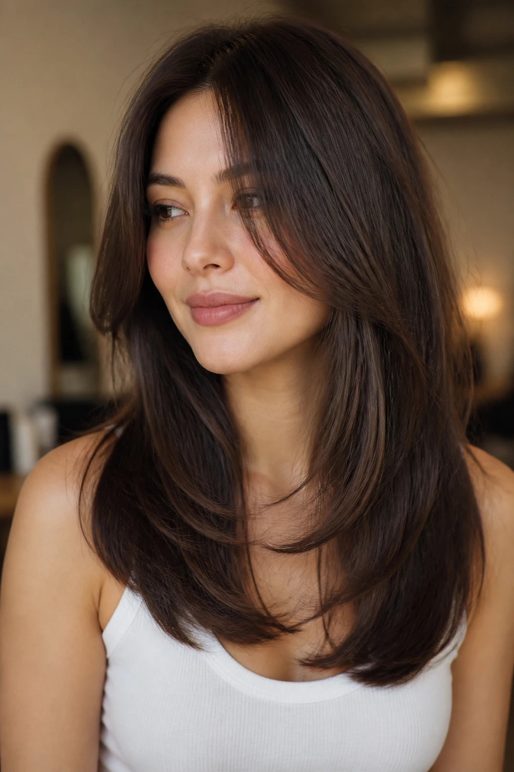 Portrait of a woman with U-shaped long cut and face-framing pieces
