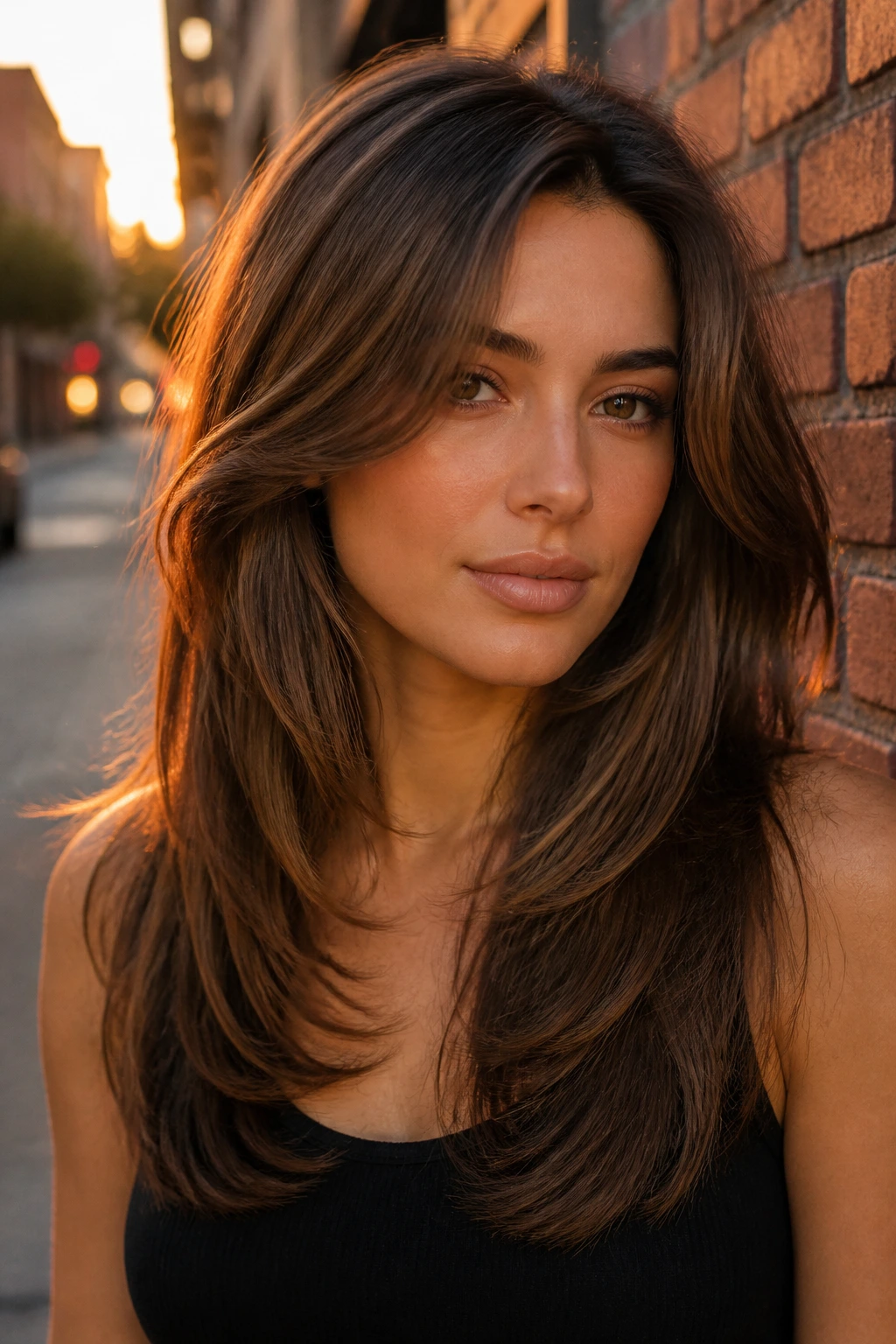Portrait of a woman with U-shaped long cut and face-framing panels in urban golden-hour light.
