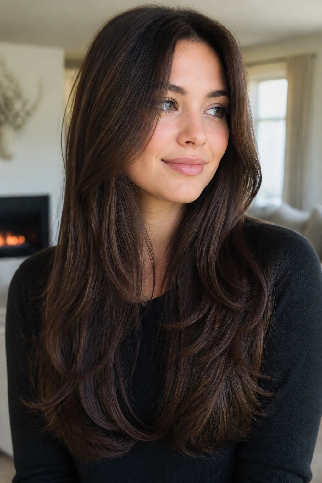 Close-up of a real person with a long U-shaped cut and hidden layers.