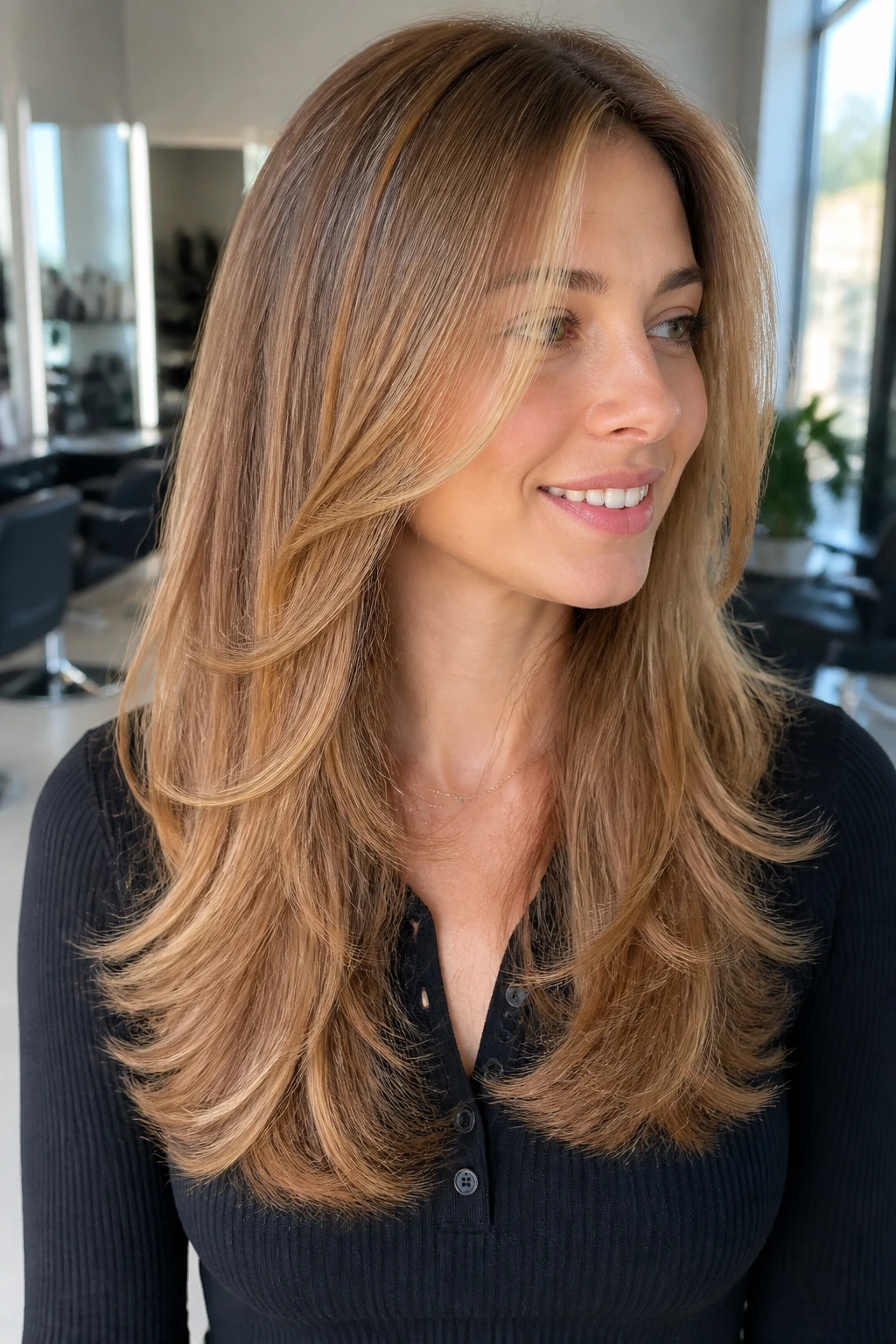 Close-up portrait of a real woman with U-shaped long cut and internal layers