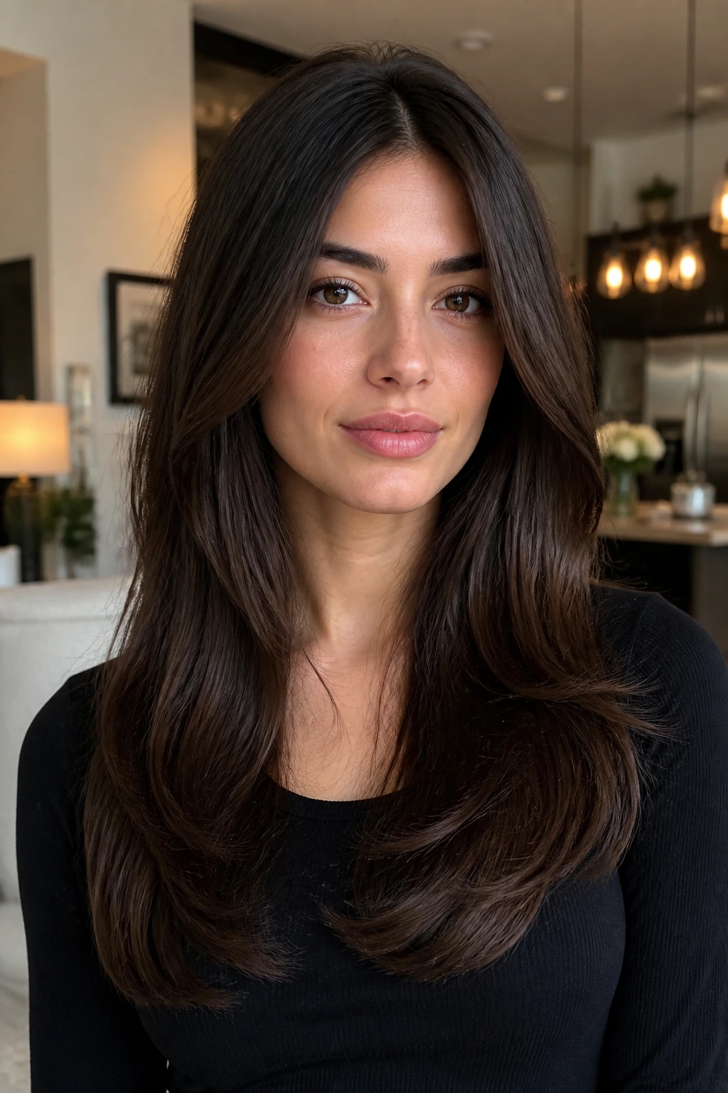 Close-up portrait of real person with U-shaped long cut and invisible layers.