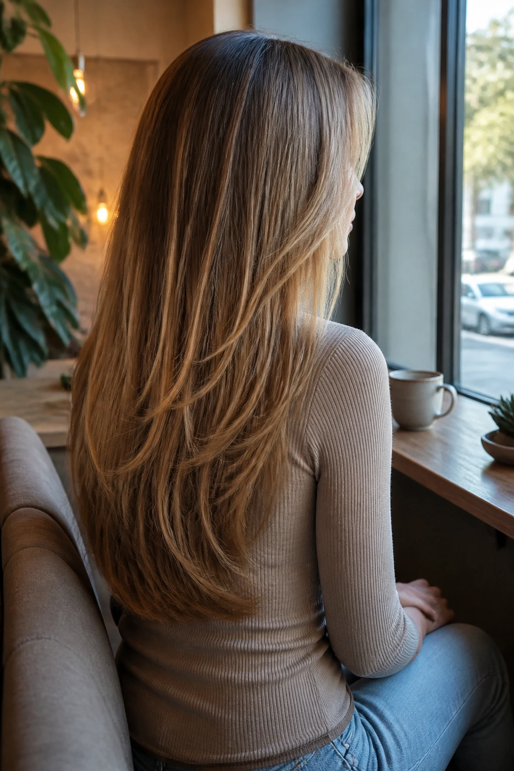 Back profile of real woman with U-shaped long cut