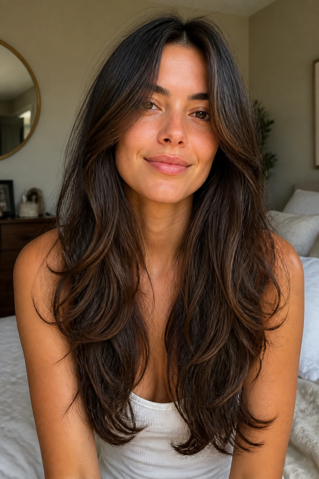 Close-up portrait of a real woman with a U-Shaped Long Cut showing back weight and soft face-framing layers.