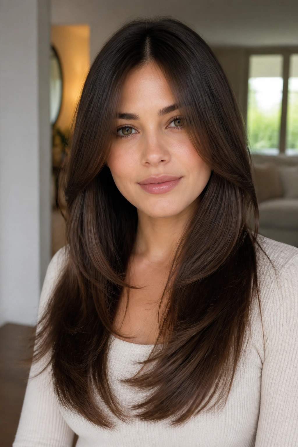 Close-up of a real person with U-shaped long layers in a softly lit home setting