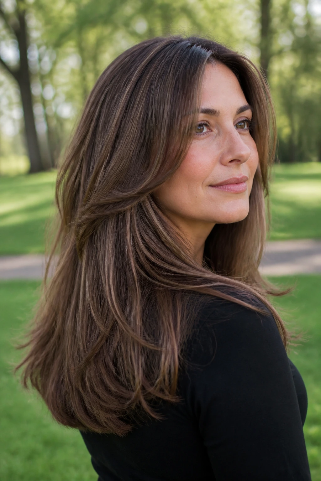 Head-and-shoulders portrait of a real woman with U-shaped long layers and dense ends