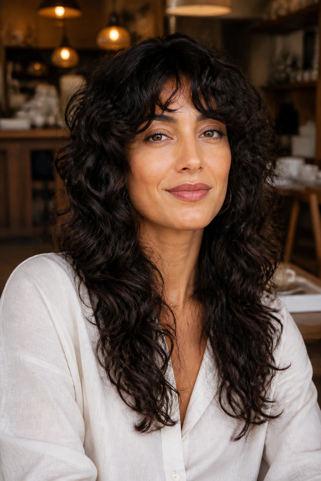 Close-up portrait of a real woman with U-Shaped Long Shag showing a smooth, rounded perimeter