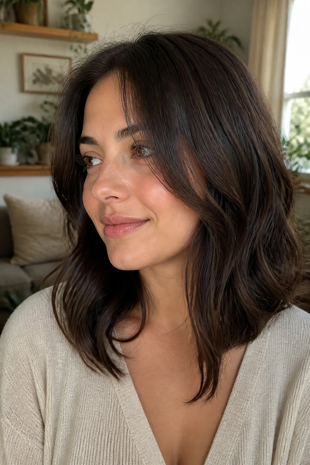 Close-up of U-shaped medium cut with long front pieces on a real woman