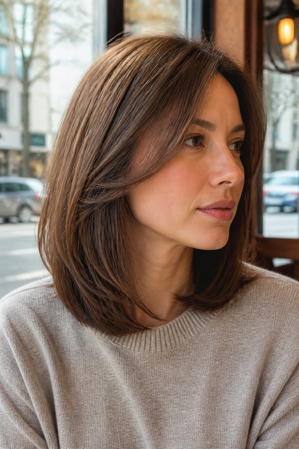 Real woman with a U-shaped medium cut showing weight at the back and curved front pieces.