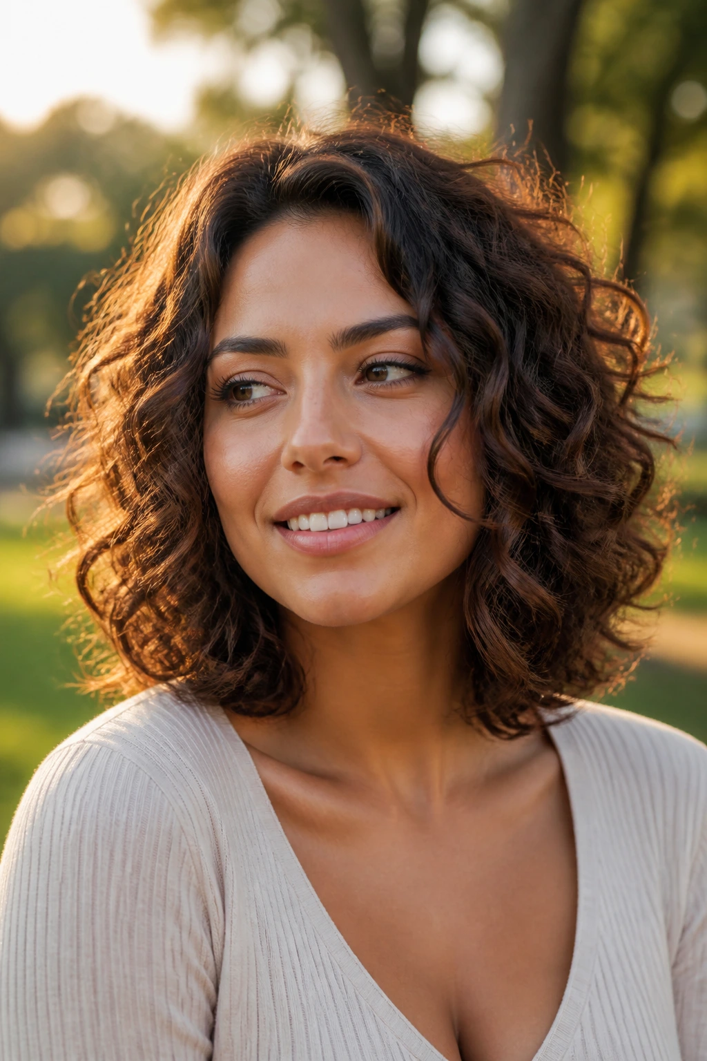 Close-up portrait of a woman with a U-shaped midi haircut cheekbone framing