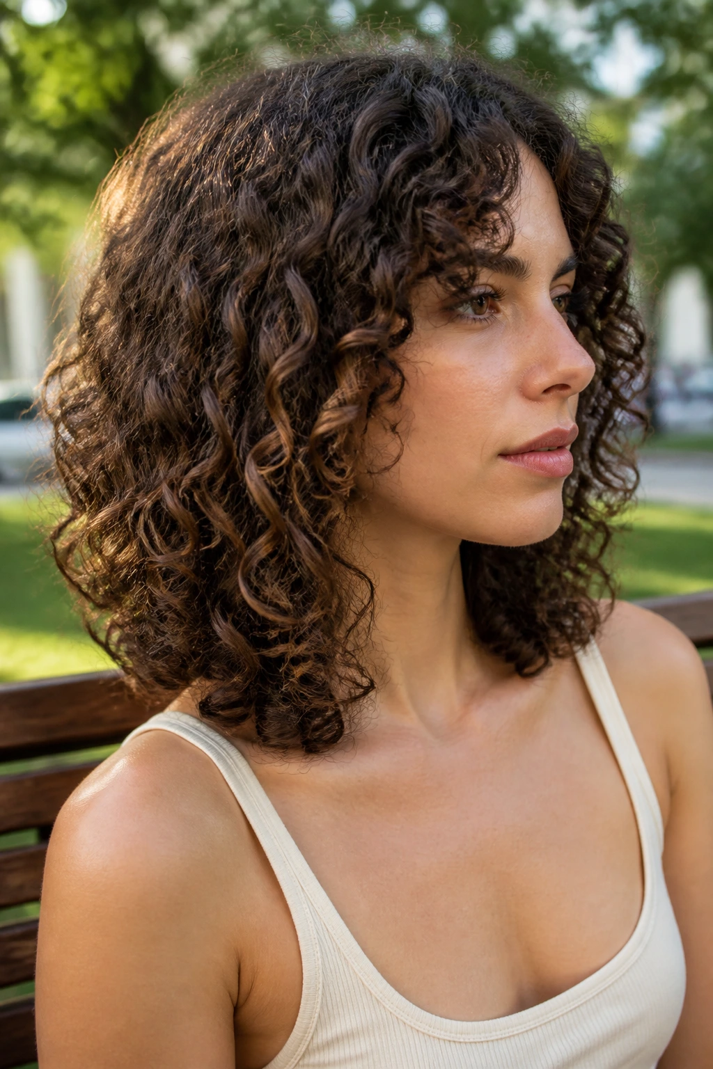 Three-quarter portrait of a real woman with a U-shaped midi cut and curved perimeter.