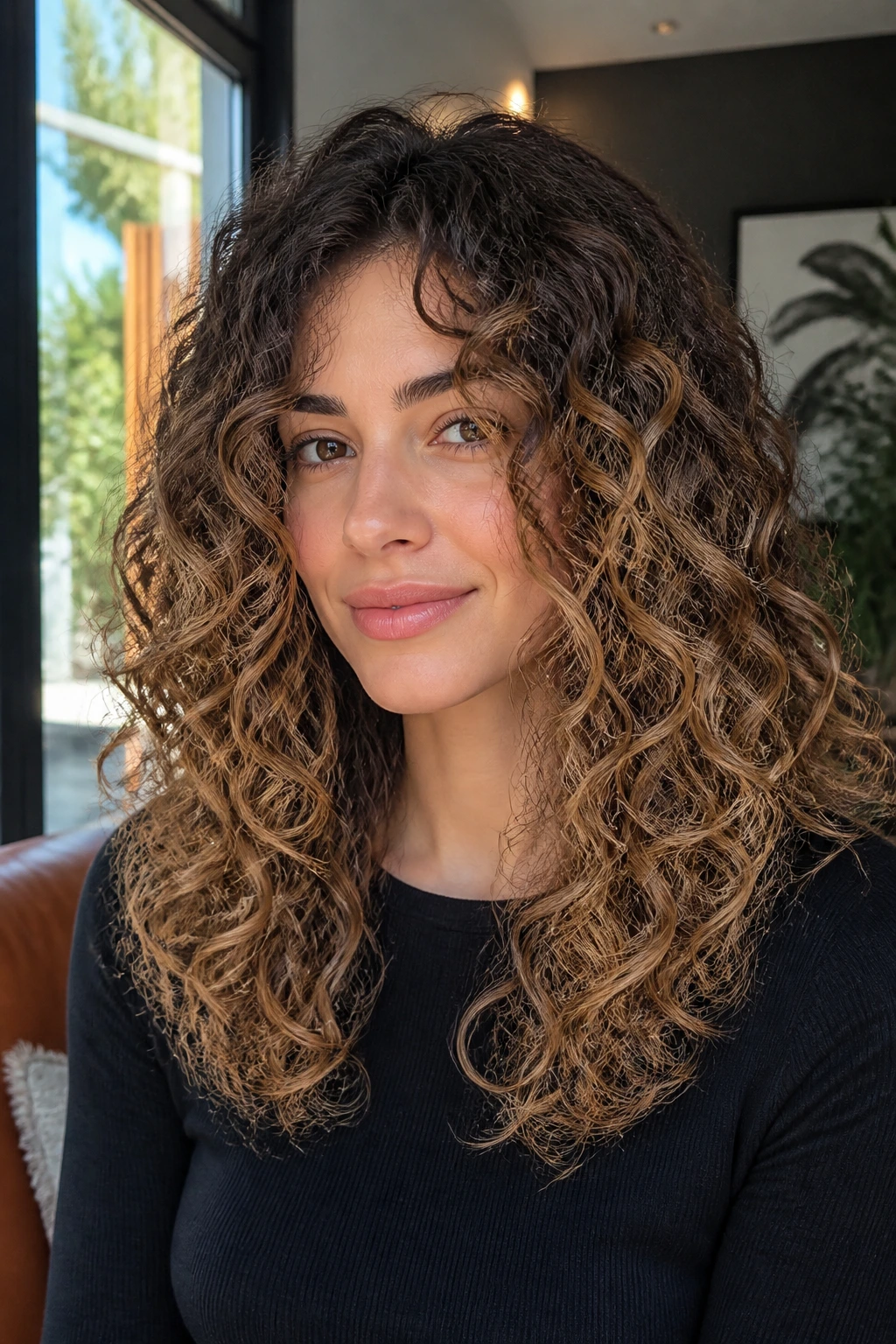 Close-up of a real person with a U-shaped midi cut and seamless babylights