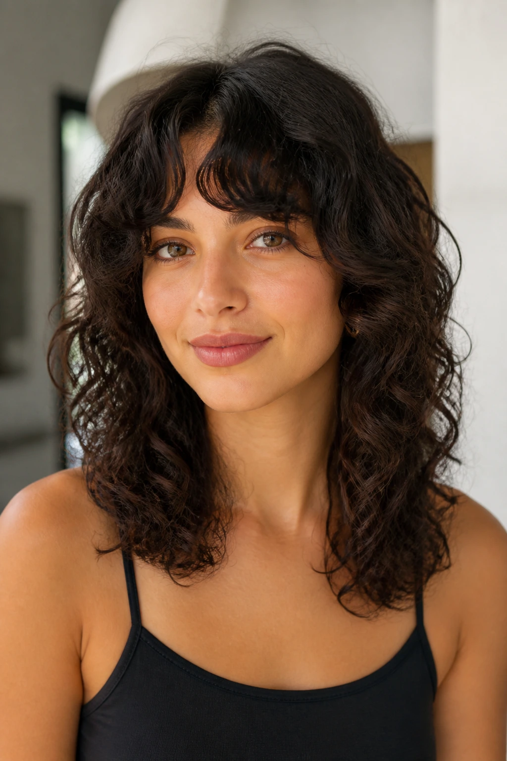 Real woman with U-shaped shoulder-graze cut, hair framing shoulders