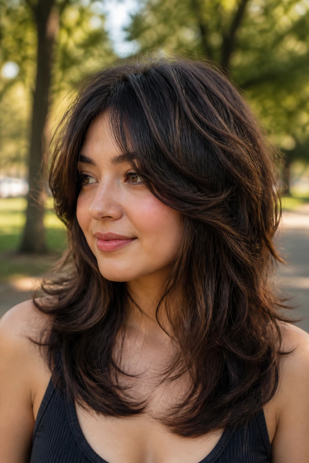 Close-up portrait of a real woman with U-shaped wolf cut in park light