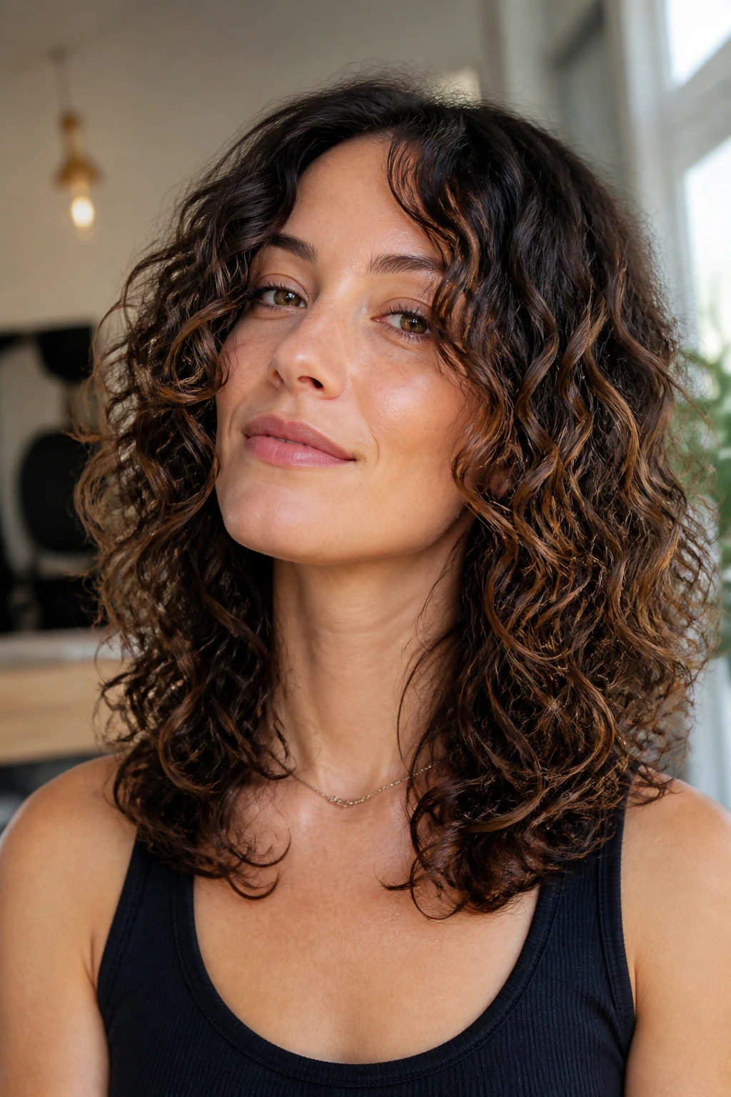Close-up portrait of a real woman with a U-cut showing long interior layers in curly hair