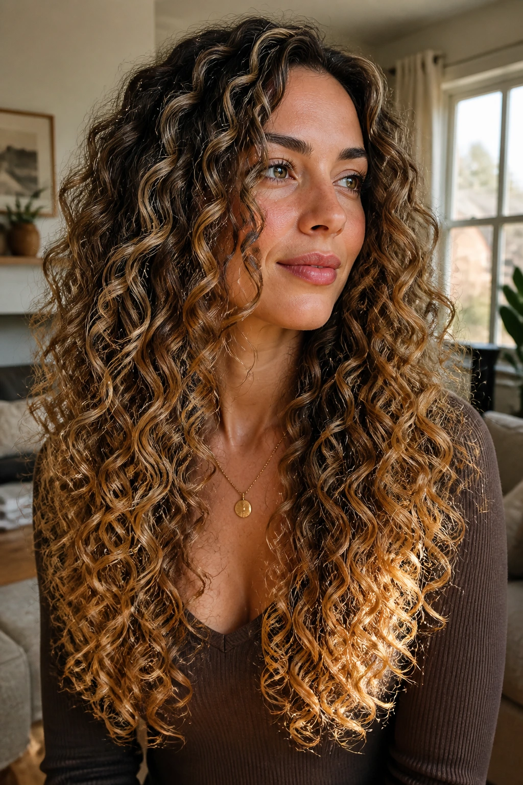 Close-up of a real woman with long U-cut curly hair and sunlit ends.