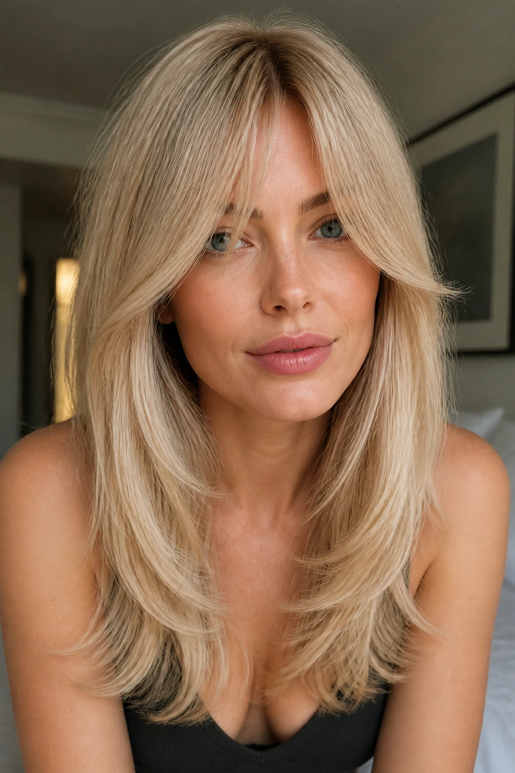 Close-up of a real woman with center-part curtain bangs and U-cut length