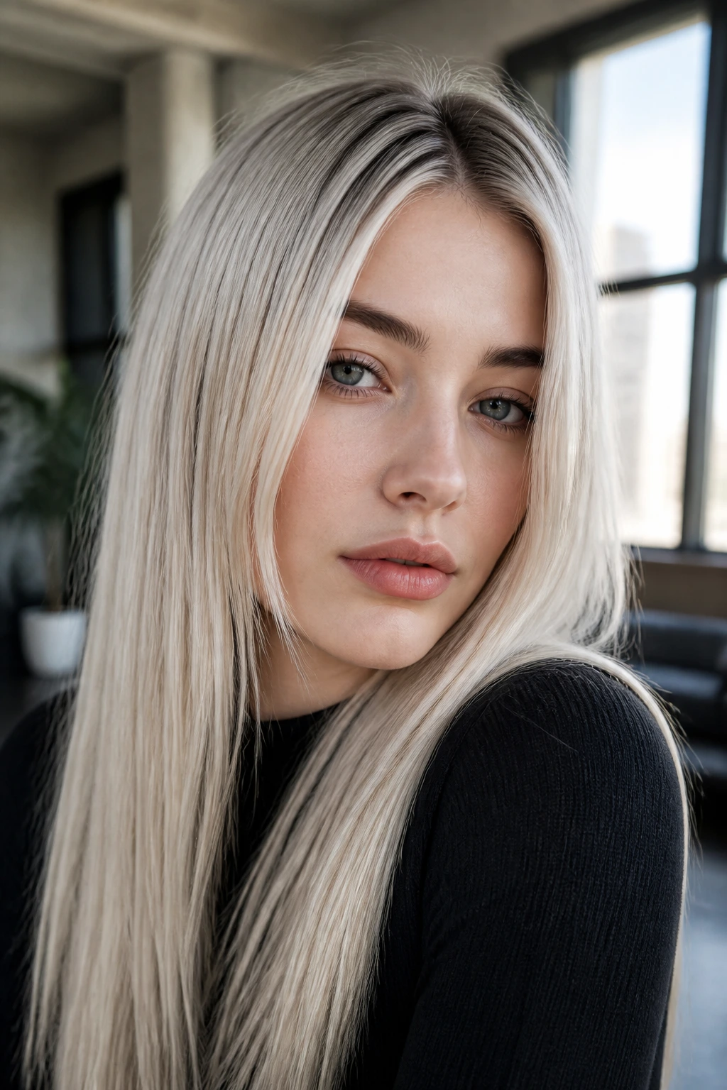 Close-up portrait of a real woman with ultra-cool blonde hair and root shadow