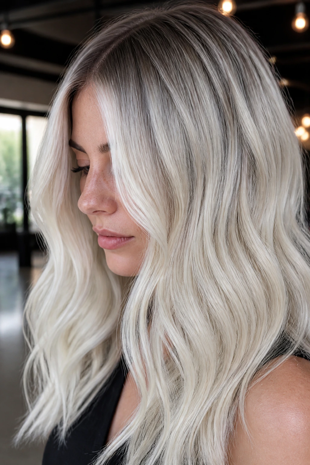 Portrait of a real woman with ultra-light ash blonde and root melt for a cool, expensive look