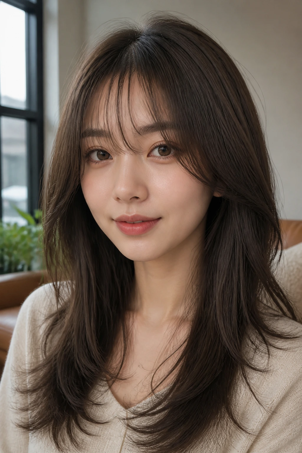Close-up of a real woman wearing Ultra-Light Fringe Edit with wispy fringe and soft temples
