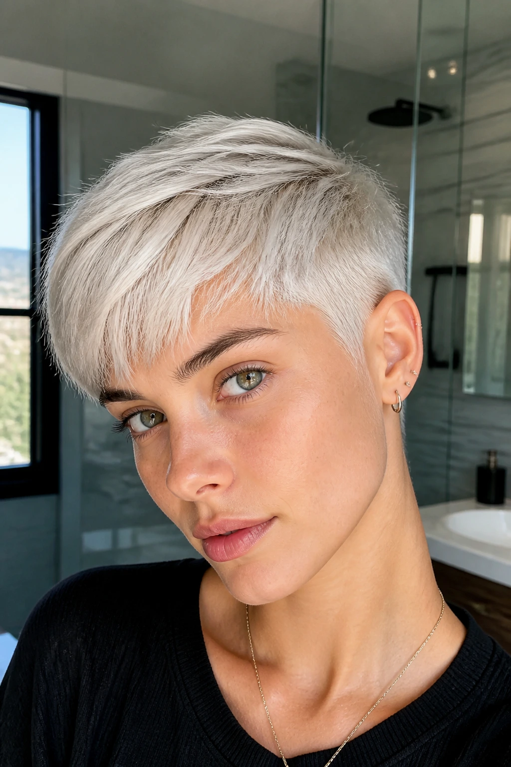 Close-up of a real person with ultra-light platinum crop