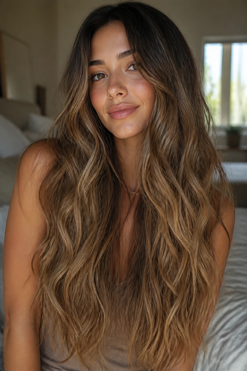 Close-up of a real woman with ultra-long U-cut and whisper waves in soft natural light
