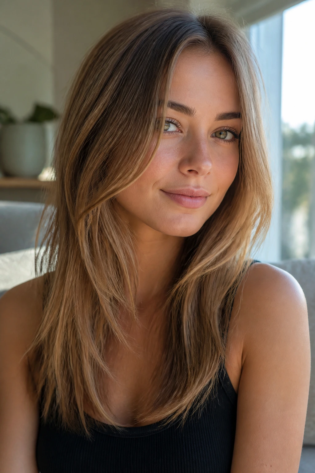 Close-up portrait of a real person with ultra-subtle layers in fine hair