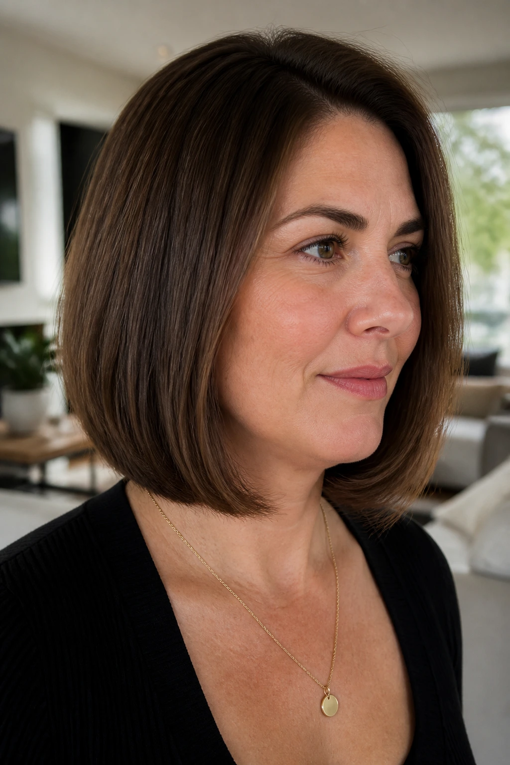 Close-up of a real person with an under-bent blunt lob and subtle undercurl.